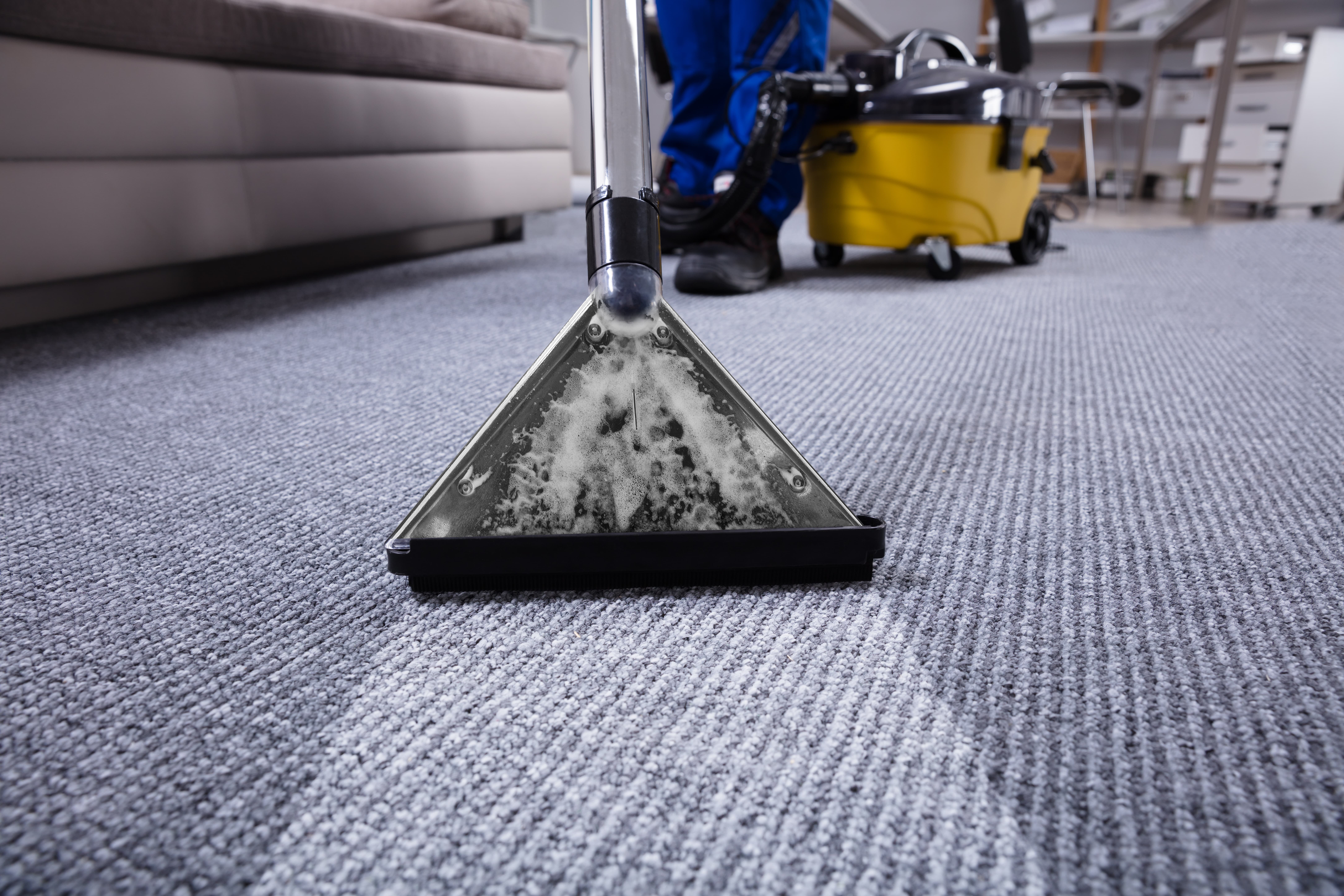 Carpet being cleaned by cleaner, using a cleaning tool.